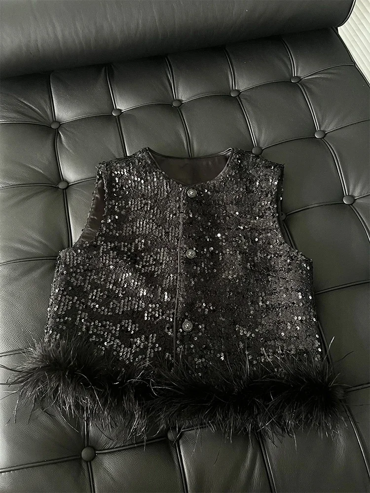 French Style Sleeveless Waistcoat Woolen Jacket Top Women's Elegant Black Feather Sequins Vest Coat Autumn and Winter Clothes