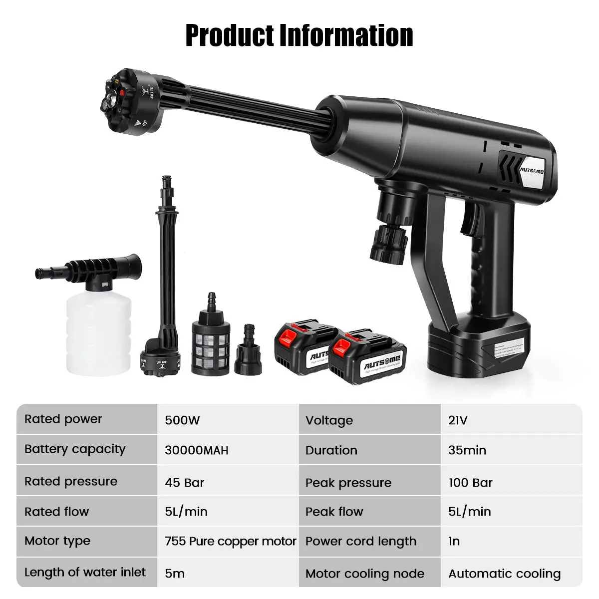 500W Cordless High Pressure Car Washer Cleaner Washing Spray Gun Electric Water Gun Foam Machine for 18V Battery