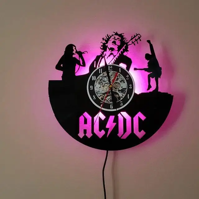 Creative Pop Artists AC DC Band Vinyl Record Wall Clock Creative Retro 16 Colors LED Clocks Home Living Bed Room Decoration