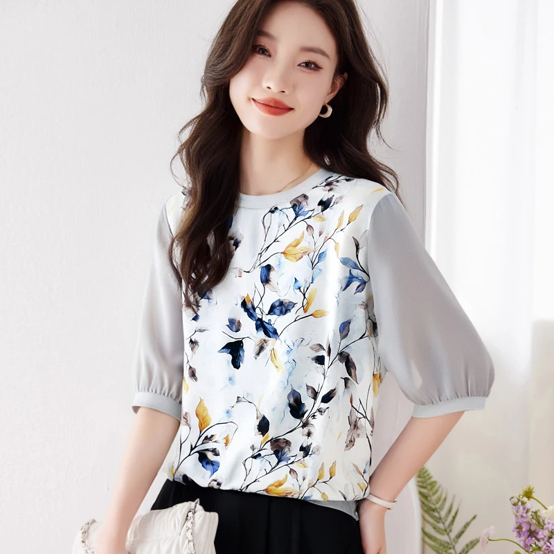 Satin Simulation Silk T-shirt for Women 2025 Printed Loose and Fashionable Western-style Five Quarter Short Sleeved T-shirt Tops