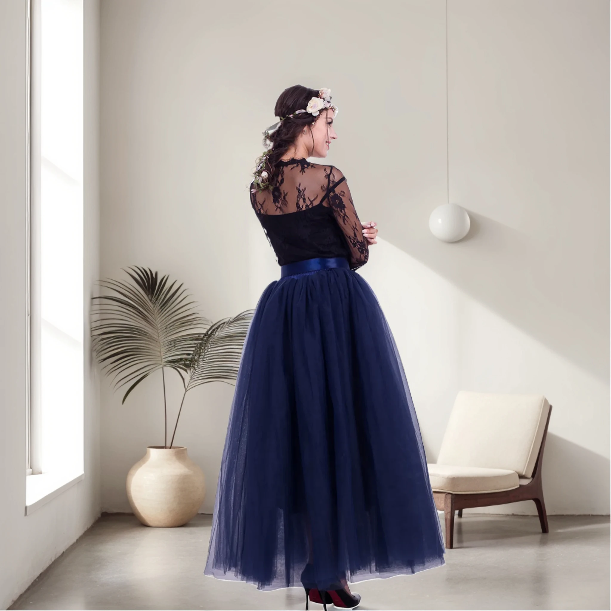 MisShow Rok Tutu Maxi Rok Peri Pinggang Elastis Tulle 7 Lapis Halus dengan Ikat Pinggang Pita A-Line 100Cm Rok Tari Rok