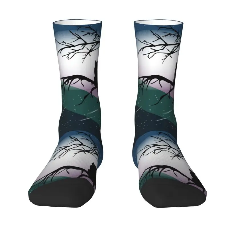 Custom Black Cat On A Beautiful Night With Full Moon Mens Crew Socks Unisex Novelty 3D Printed Dress Socks