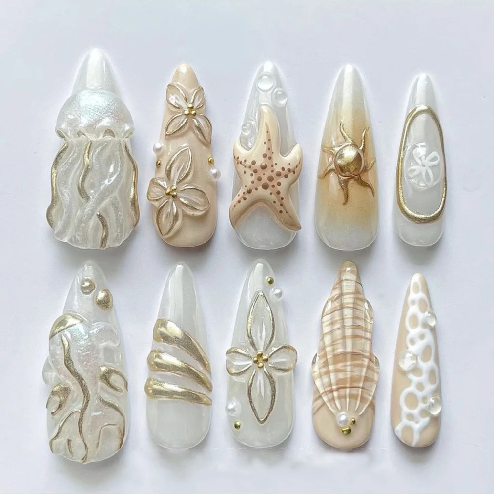 10Pcs Short Almonds Handmade Press On Nails Bowknot Marine Elements 3D Flowers Gel Textured False Nails Suitable Summer