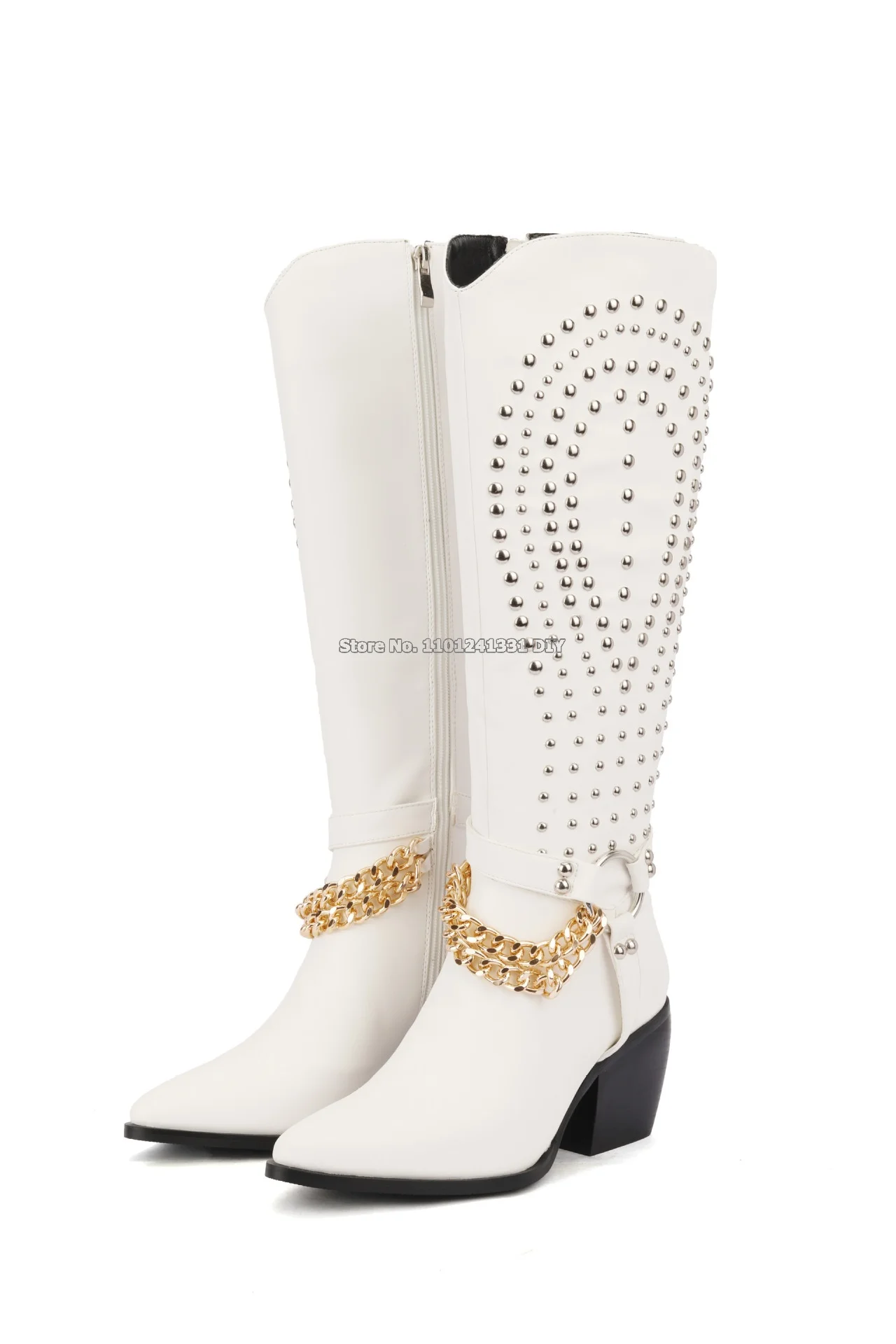 Woman White Black Leather Chunky Heeled Rivet Knee High Long Boots Women Gold Chains Botas Winter Shoes Female