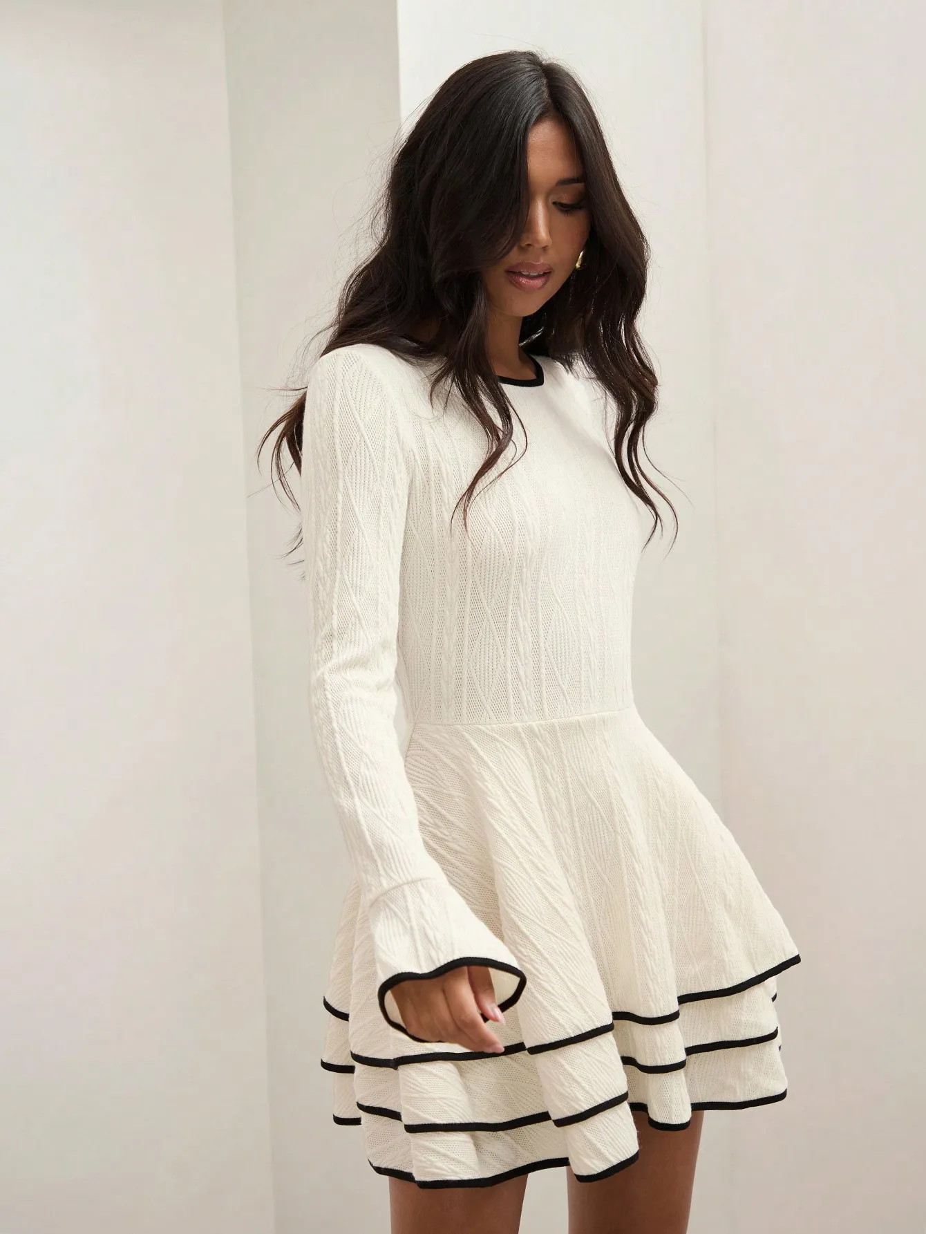 Vestido feminino casual patchwork com bainha em camadas estilo dinheiro antigo vestido elegante, outono e inverno