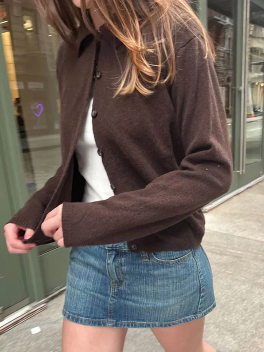 

Милый простой бежевый вязаный кардиган на пуговицах, женский хлопковый теплый свитера с отложным воротником, пальто, винтажный милый свитер в консервативном стиле, топы