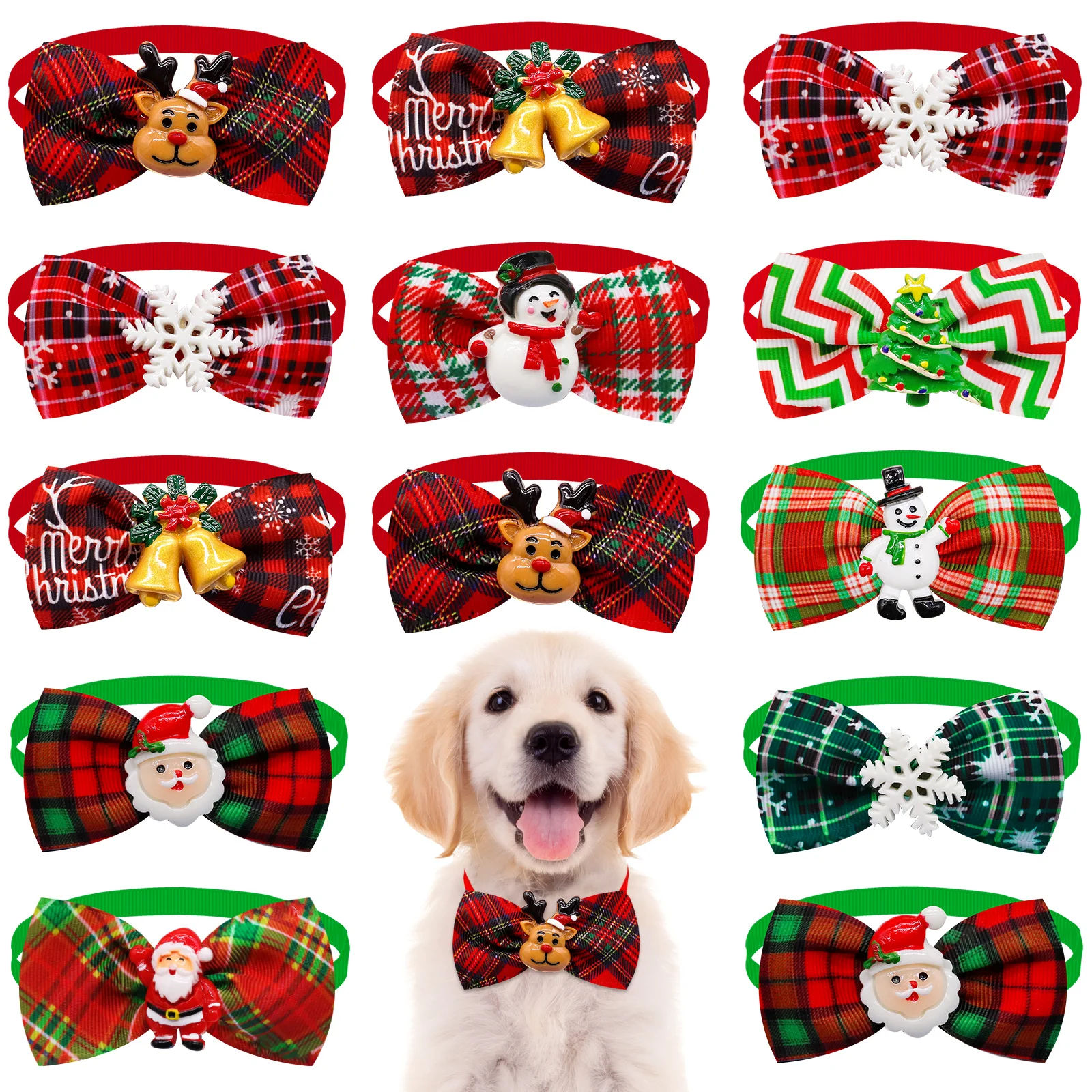 10PCS Christmas Pets Dogs Cat Bowties Adjustable Dog Collar Red Green Decorate Doggy Xmas Supplies for Small Dog Accessories