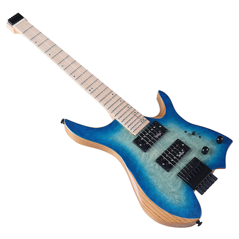 Flame Maple Top 6 Strings Headless Electric Guitar 30 Inch Headless Guitar High Glossy Guitarra Solid Okoume Wood