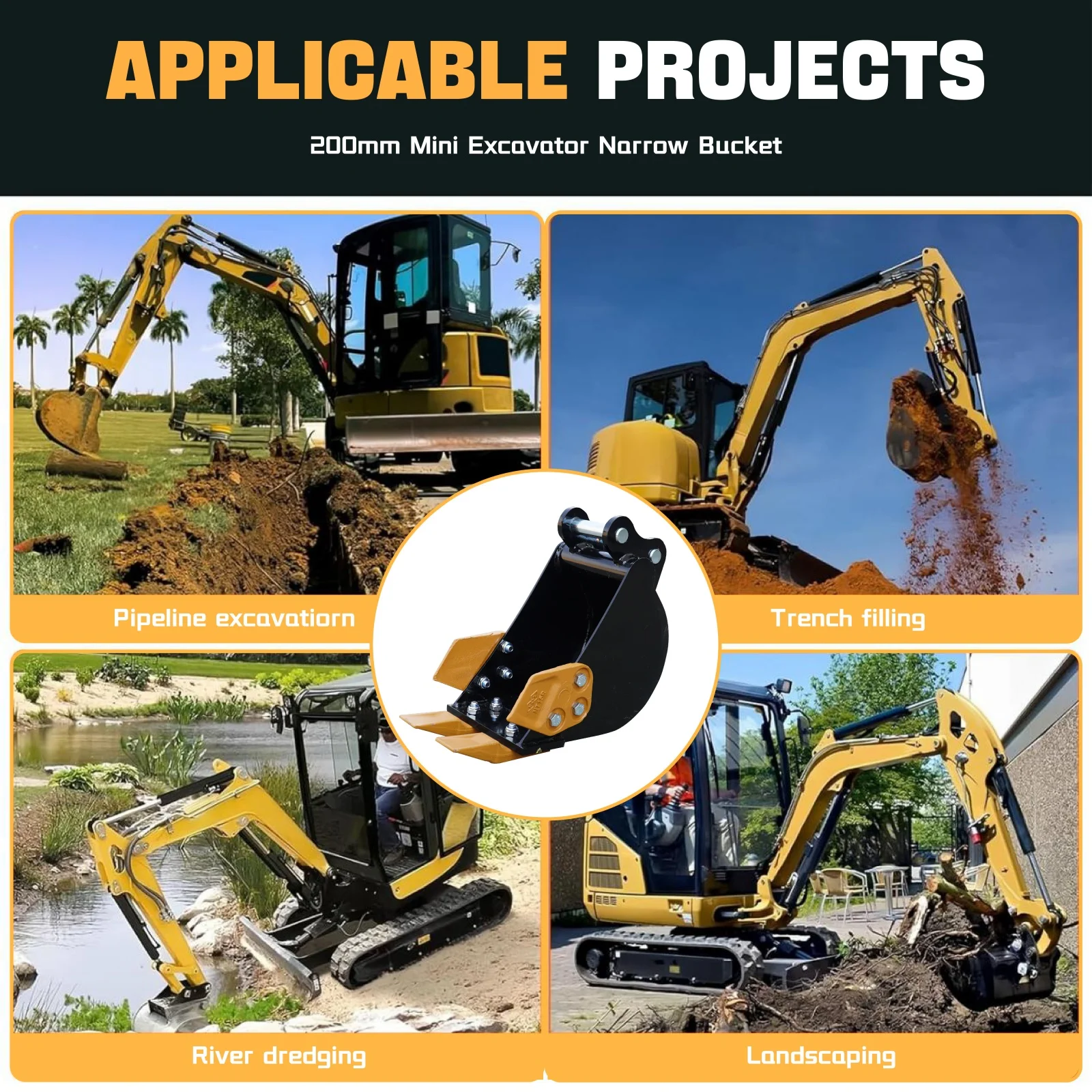 

Mini Excavator Narrow Bucket Bucket Bucket Bore Diameter 0.98in, Center Wheelbase 3.54in, with 2 metal teeth, suitable for 1-1.5