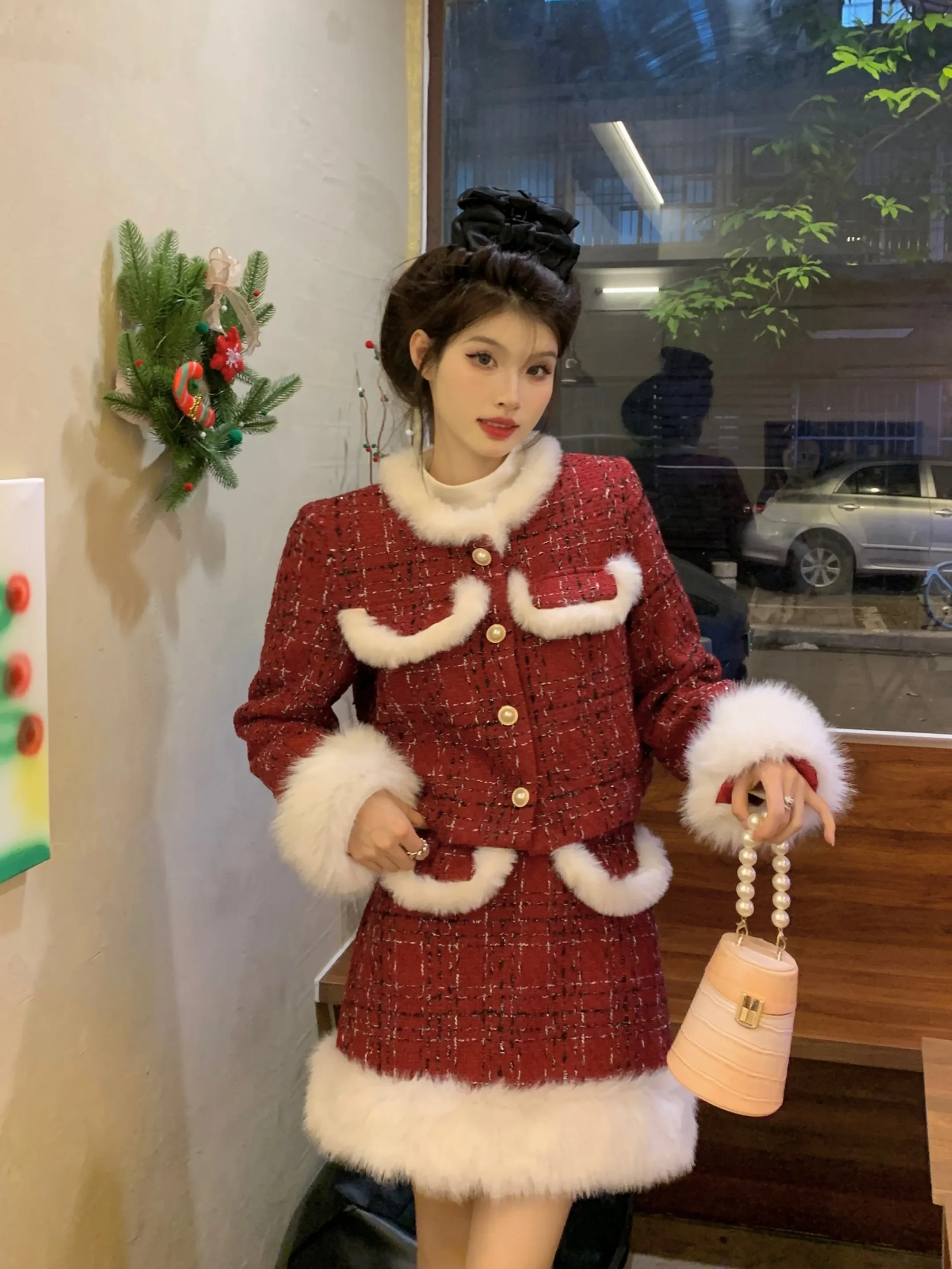 UNXX Christmas and New Year 2024 Winter New Quilted Furry Jacket and Skirt Fashion Two-Piece Set Female Office Lady Clothing