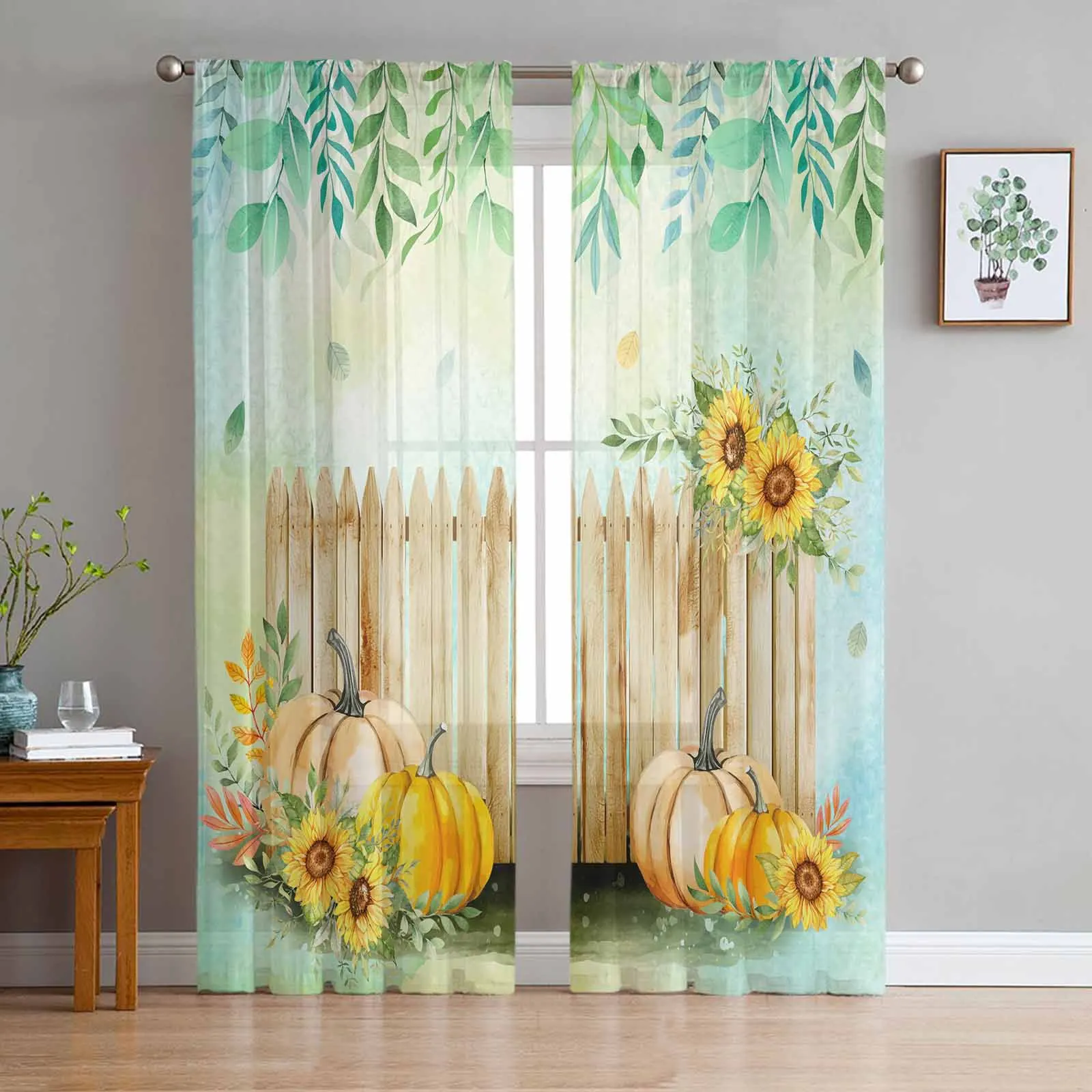 

Thanksgiving Plant Fence Sunflower Pumpkin Sheer Curtains for Living Room Tulle Window Curtain Luxury Home Balcony Decor Drapes