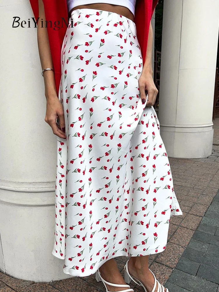 Beiyingni Spring Summer Elegant Long Maxi Skirt Women Cherry Print New Fashion A-line Skirts White Luxury Slim High Waist Faldas