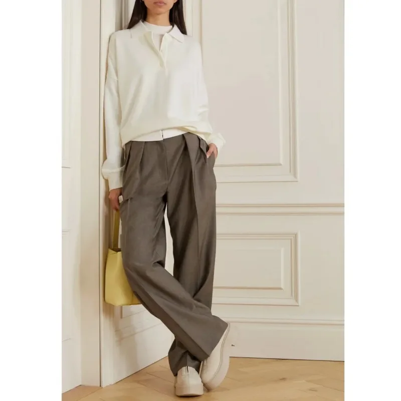 LUXURY Pullover Simple Silhouette Polo Neck Sweater Women\'s Minimalist Vintage Versatile Soft Loose Fruit Button Lapel Top
