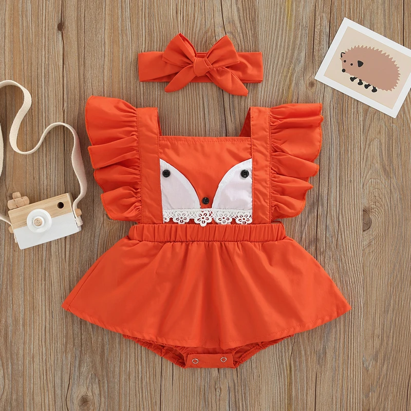 

New 2Pcs Baby Girls Summer Outfit Fox Print Square-Neck Flying-Sleeve Romper Dress + Hairband For Toddler 0-18 Months Hot Sale