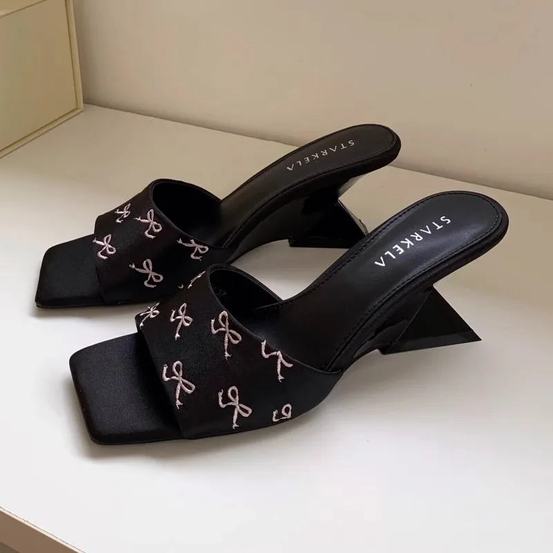 Bows Wedge Silk-panel Slip-on Summer New Style Square-toe Traditional Chinese Embroidery Open-toe High-heeled Sandals for Women