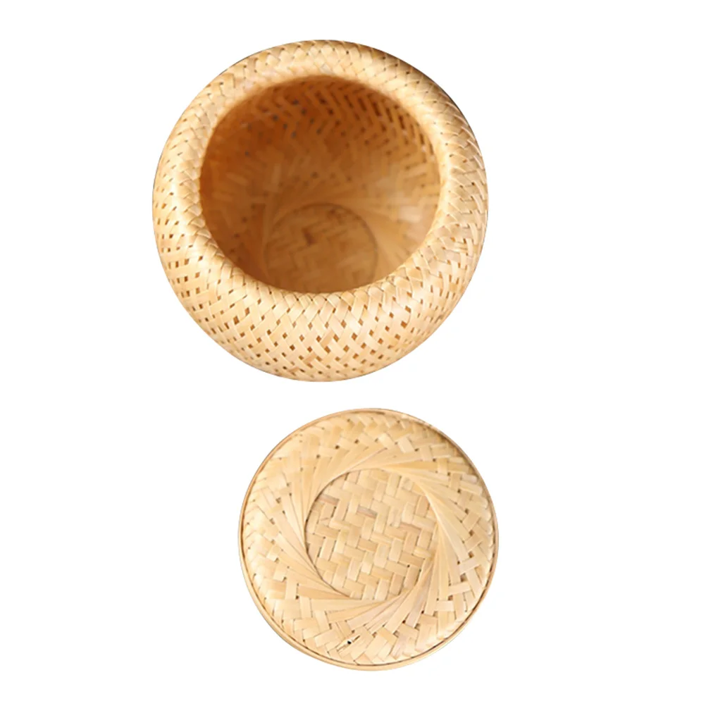

Tea Woven Basket with Lid Handwoven Bread Bamboo Jar Weaving Portable Desktop Coffee Holder