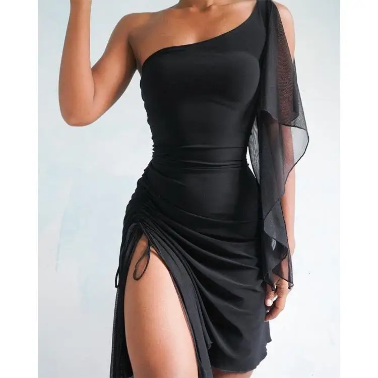 

2026 Off Shoulder Mesh Sleeve Midi Dress with Slit Asymmetrical Hem Drawstring Casual Elegant Party Wear for Women