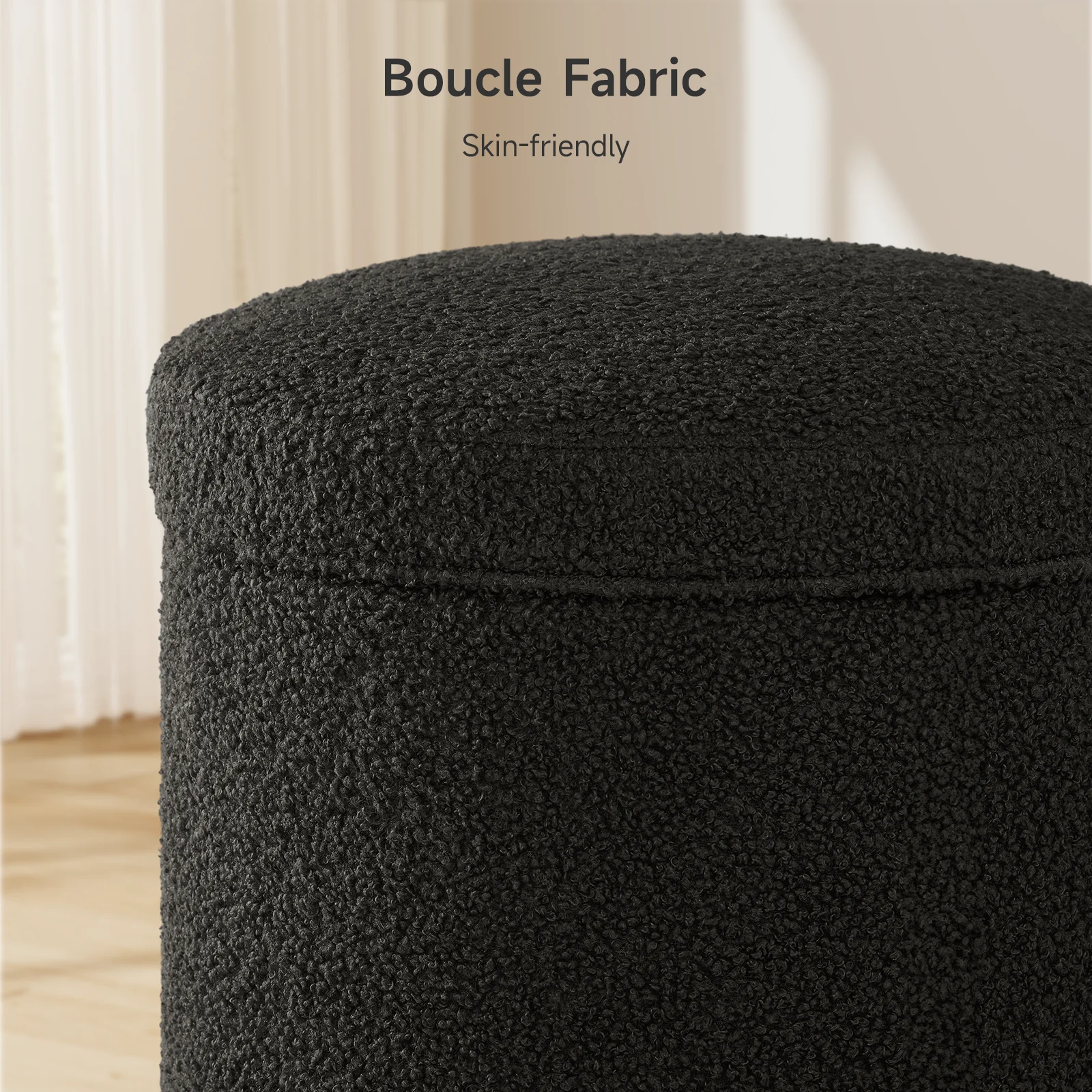 

Round Storage Ottoman with Tray-Vanity Stool,Round Coffee Table,Upholstered Footrest for Living Room,Bedroom＆Corners（ Black）