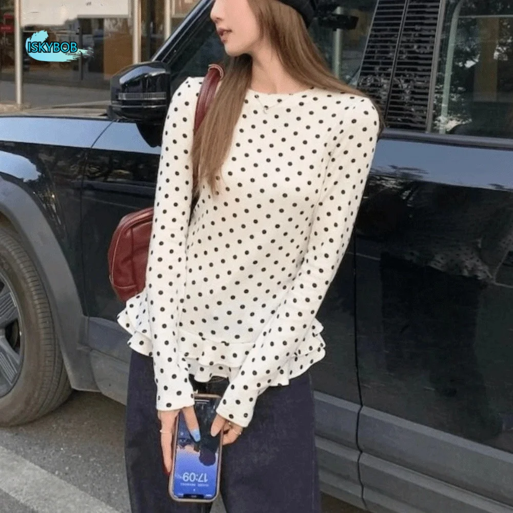 

Simple Y2k Dot Long Sleeve T-shirt Round Neck Chic Ruffle Sweet Top Base Shirt Stylish Slim Fit T-Shirt Girl