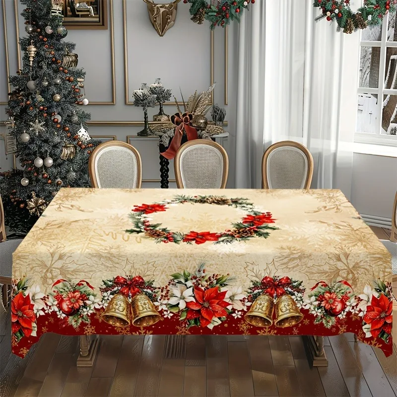 2D Flat Tablecloth, 1pc. A Festive Christmas Tablecloth Adorned with Wreaths, Bells, And Flowers, Paired with a Christmas Tree And Indoor Decorations. A Warm And Cozy Tablecloth for Christmas Holiday Parties, a Dining Table Essential for Celebratory