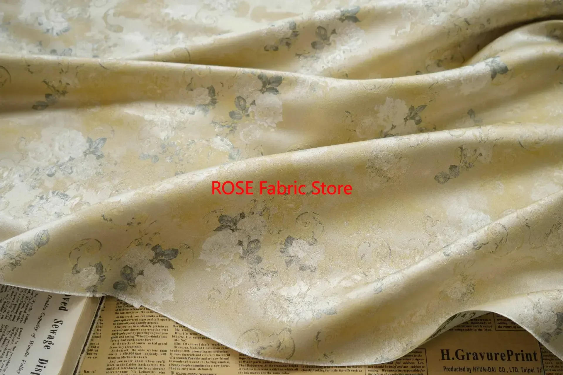 1 meter Light Yellow Bright Silk Rose Jacquard Fabric Soft Dress Vest Curtains Decorative Sewing Fabric