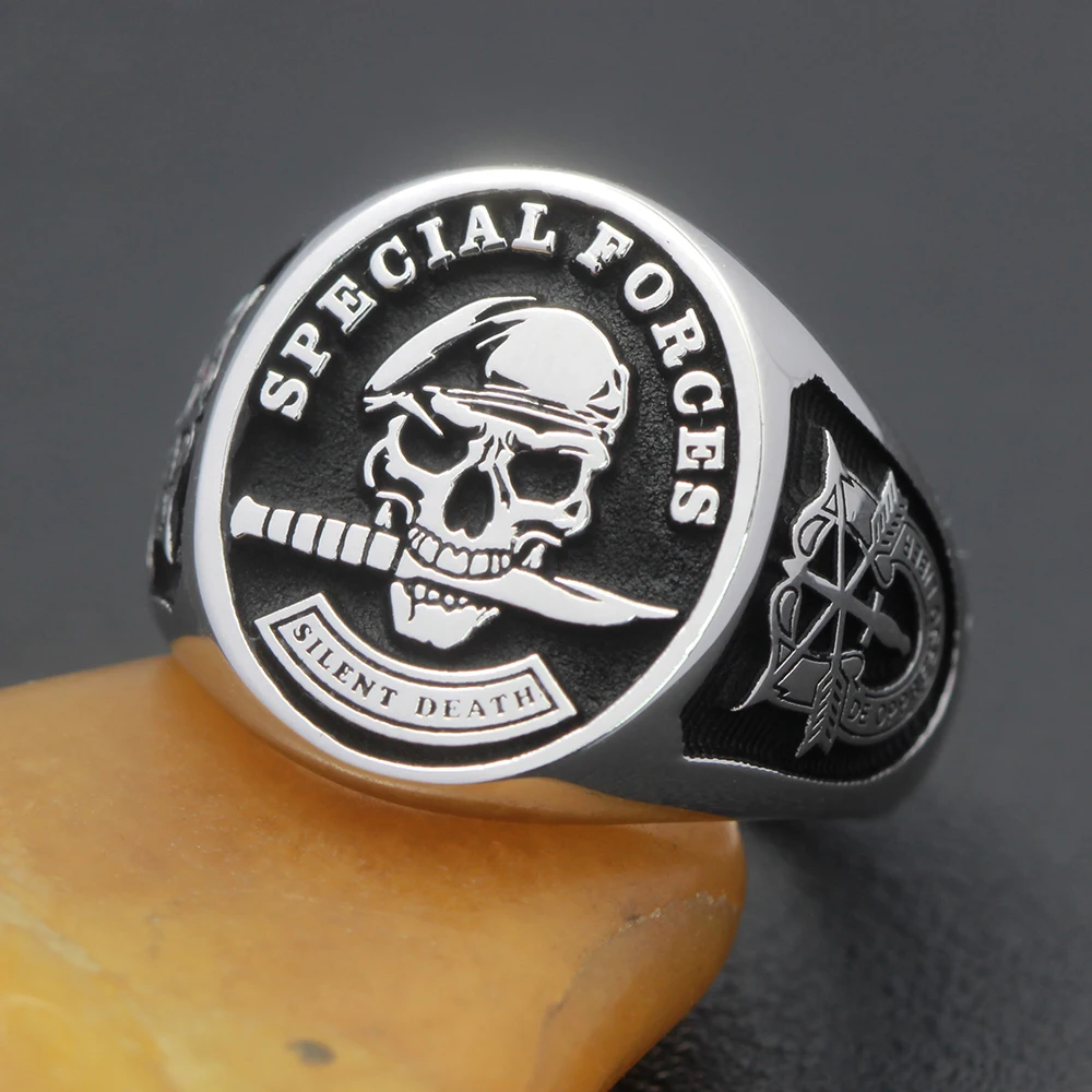 Mens Jewellery U.S. Army Special Forces Beret Skull Rings for Women Vintage Silver Color Silent Death Stamp Punk Gothic Jewelry