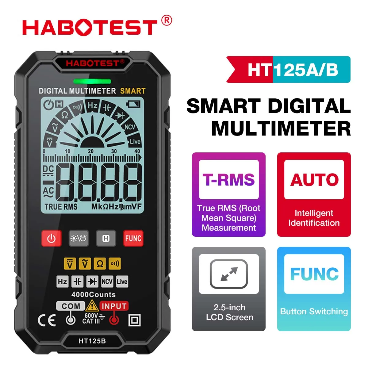 HABOTEST HT125 Digital Smart Multimeter 600V Ture RMS AC DC NCV Tester Ohm Capacitance Hz Voltage Meter Smart Multitester