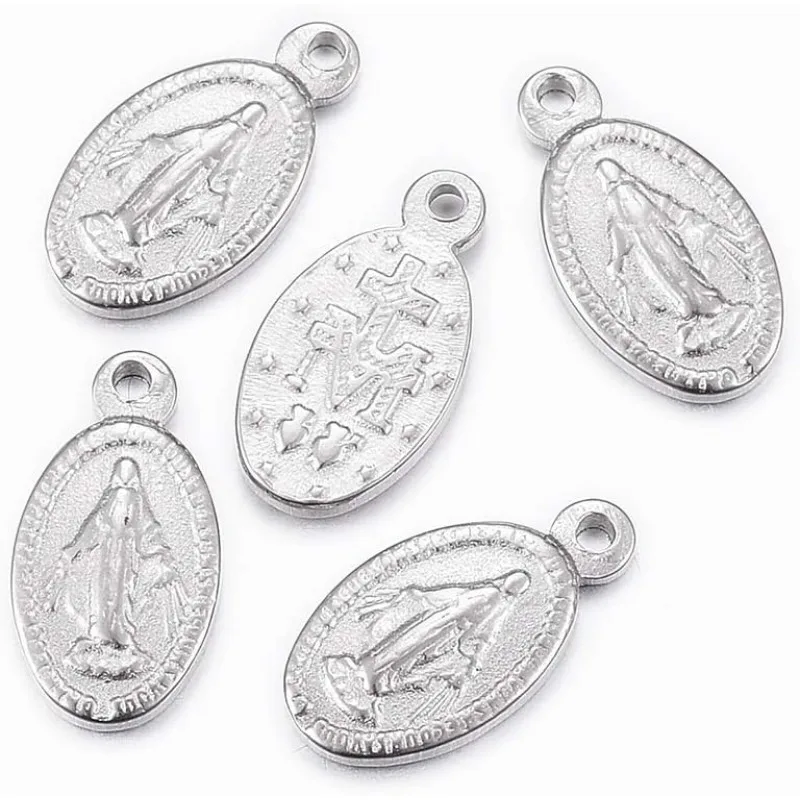 5pcs Stainless Steel Pendants Oval with Virgin Mary Charms 1mm Hole Stainless Steel Charm Connectors for DIY Necklace Bracelet