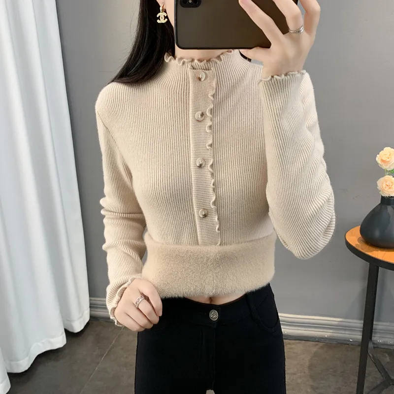 

Thiened Fce Lined Knitted Base Layer Sweater Women's Autumn Winter f High Collar Warm Inner Wear Color Knitwear