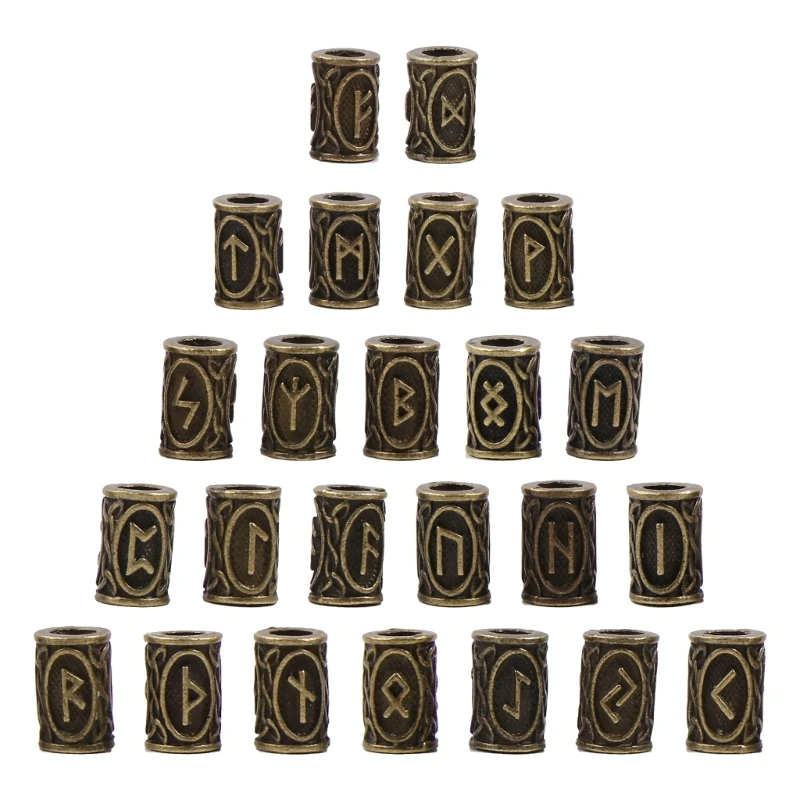 24x Runes Beads For Jewelry Making Hair Beard Crafts Jewlery DIY Metal Spacer Big Hole Bead Accessories