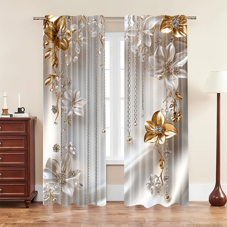 2PCS Digital Print Curtains, Pearl Chain White Flowers, Elegant Jewelry Floral Decor Luxurious Delicate Blossom Bedroom Drapes