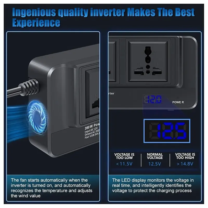 Universal 200W LED Car Power Bank Pure Sine Wave DC To AC Voltage Regulator Battery Converter Auto Inverter Charger