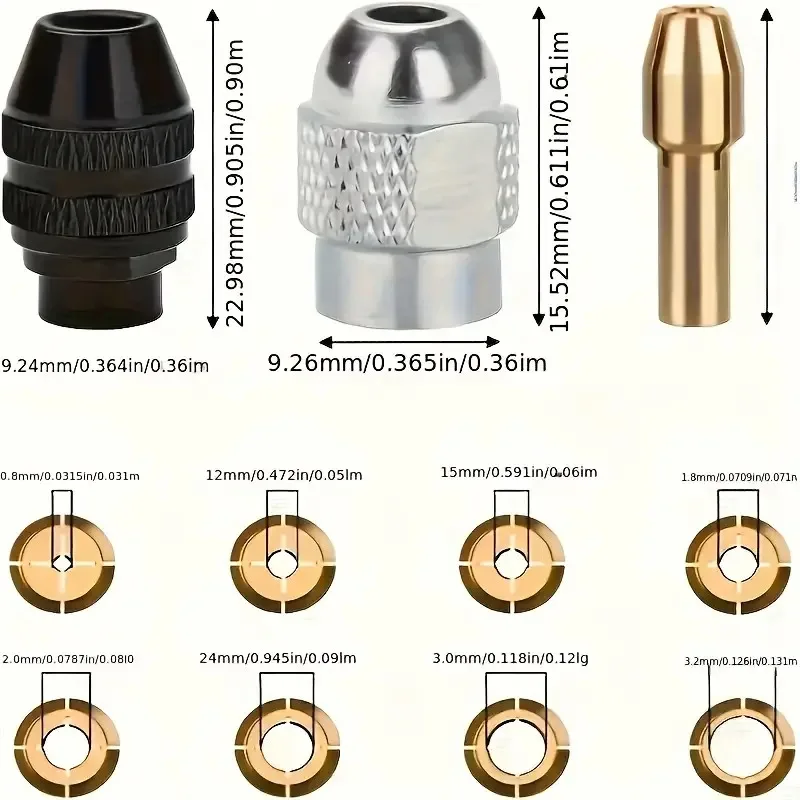 Micro Mini Drill Chuck Adapter 0.5-3.2mm Brass Collet Bit M7/8×0.75 Nut Electric Motor Shaft For Dremel Rotary Tools Power Tools