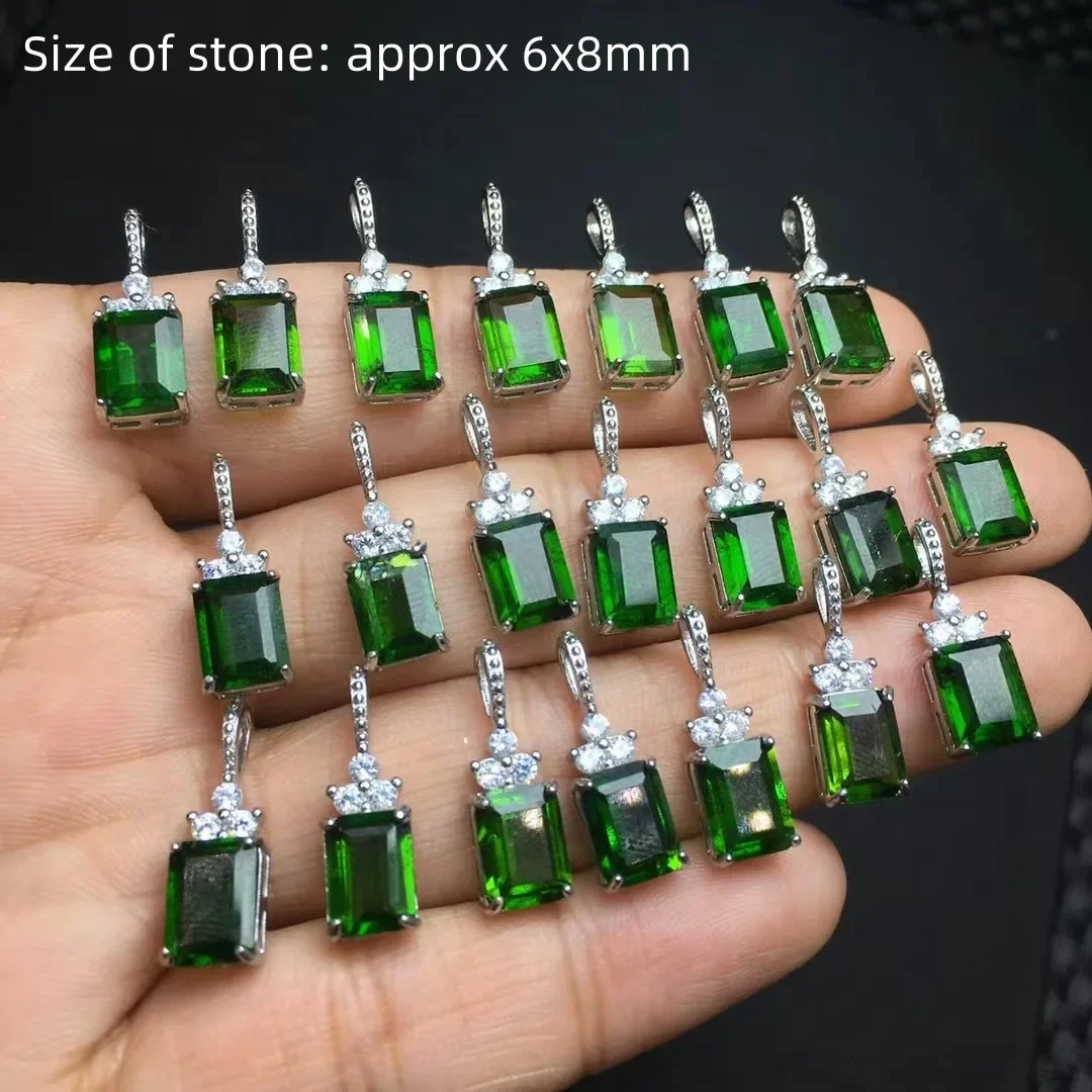 1 Pc Fengbaowu Natural Green Gem Diopside Pendant Rectangle Shape Stone 925 Sterling Silver Fashion Jewelry Gift For Women