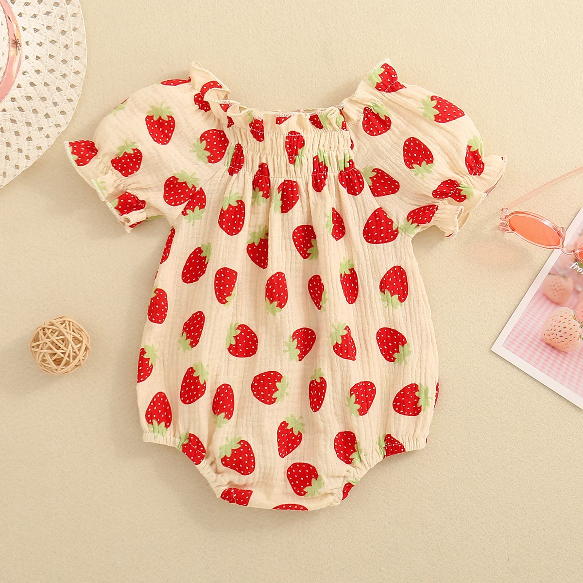 Summer Baby Girl Strawberry Embroidered Short-Sleeved Triangular Bodysuit - Fashionable and Adorable