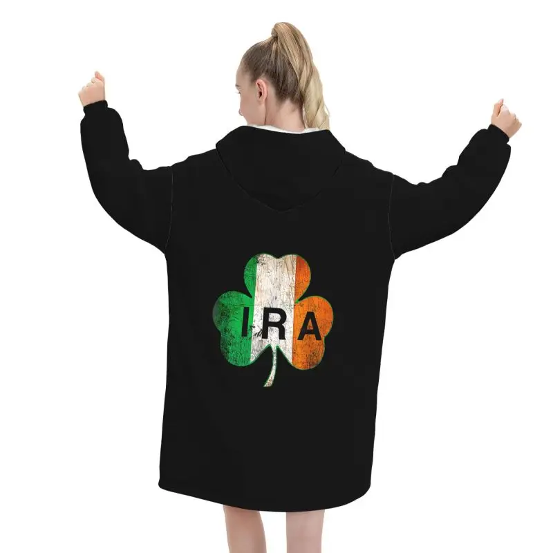 IRA Irish Lucky Shamrock St Patrick's Day Ireland Flag Wearable Blanket Hoodie Women Oversized Sweatshirts Fleece Hooded Blanket