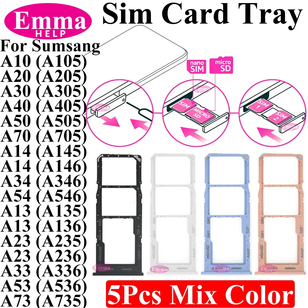 5Pcs Phone SIM Chip Holder Slot Adapter Drawer For Samsung A14 A13 A34 A54 A10 A20 A50 A30 A33 A53 A73 SIM Card Tray Holder Slot