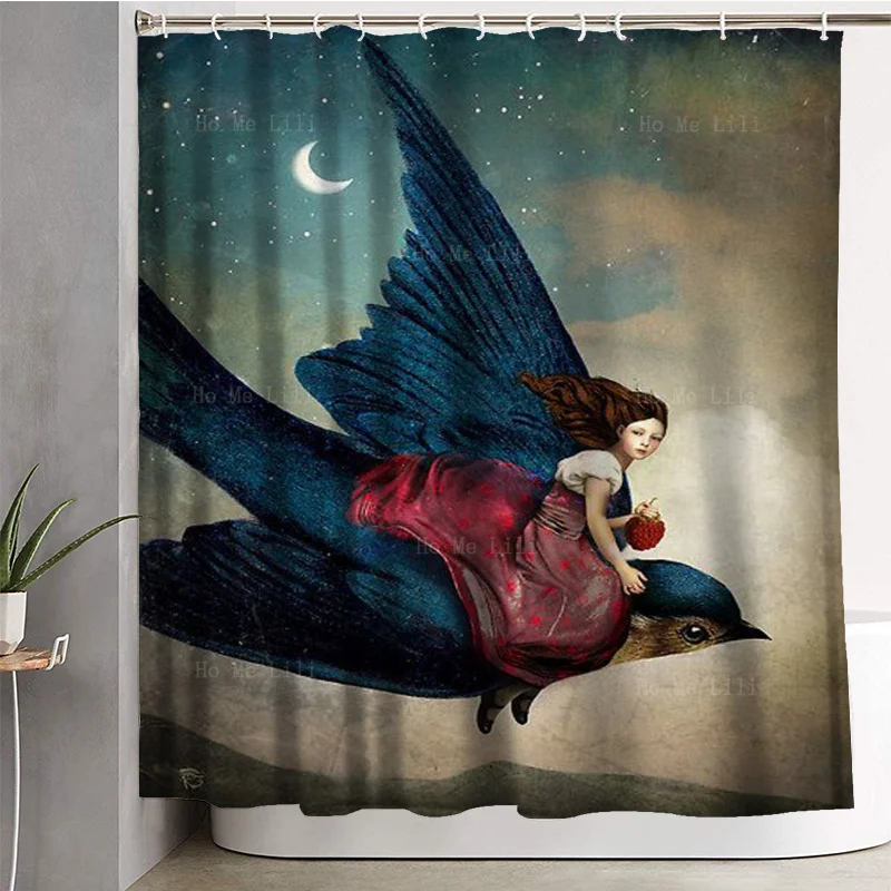 A Girl Flying In The Sky On A Swallow Carries An Fruit In Her Hand Shower Curtain By Ho Me Lili For Bathroom Decor