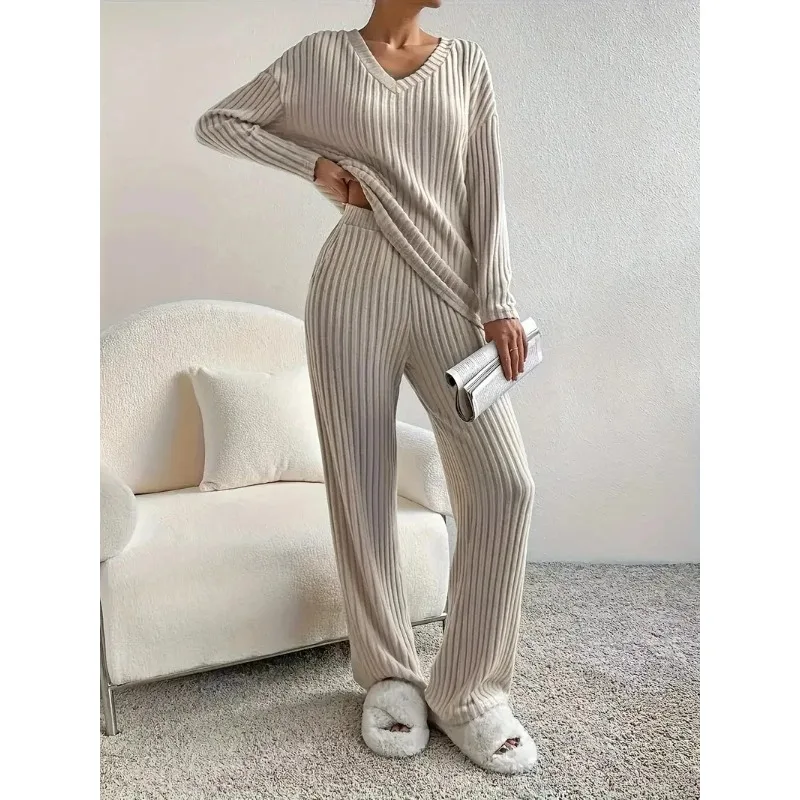 

2025 Fashion Women Homewear Set New Style Straight-leg Pants +Loose-fit V-neck Ribbed Knit Sweater Female Casual Pajamas