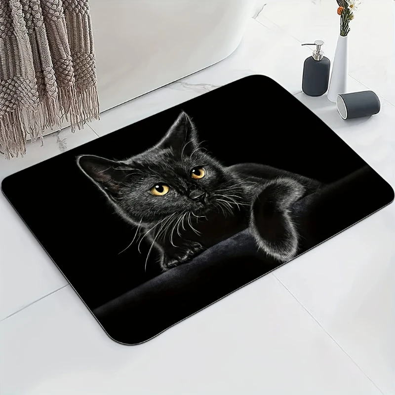 Cute Black Cat Pattern Diatom Mud Bathroom Mat Bathtub Mat Absorbent Non-slip Strawberry Bath Rug Modern Carpet Floor Mat Decor