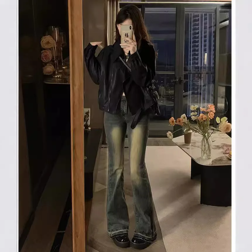 Jaet de couro retrô americano feminino primavera outono bla doce legal motocicleta couro pu solto ajuste longo sve top