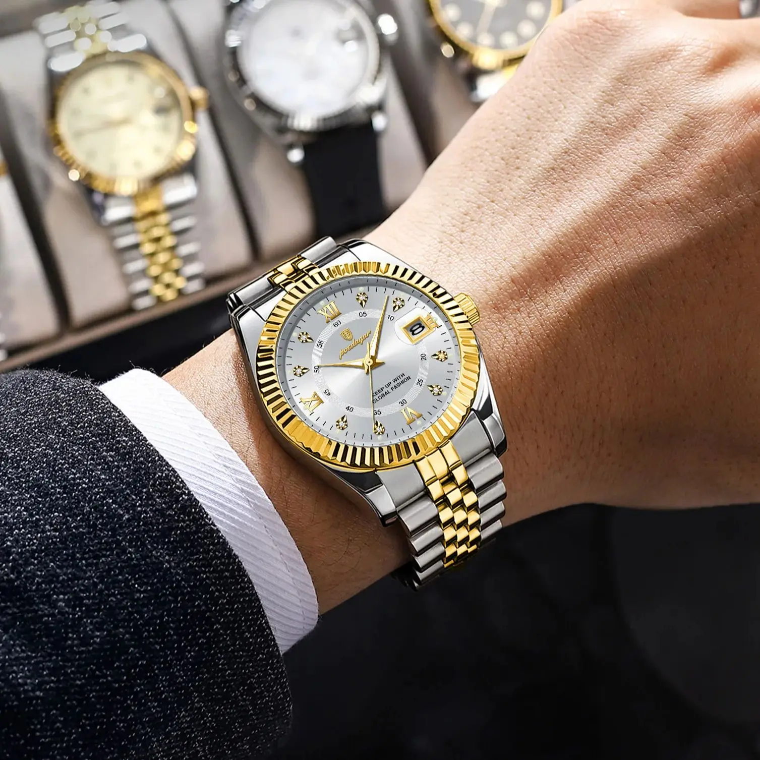 POEDAGAR ساعات كوارتز رجالية كلاسيكية فاخرة من الفولاذ المقاوم للصدأ ساعة تاريخ رجل مقاومة للماء مضيئة موضة الأعمال ساعة اليد الذكور