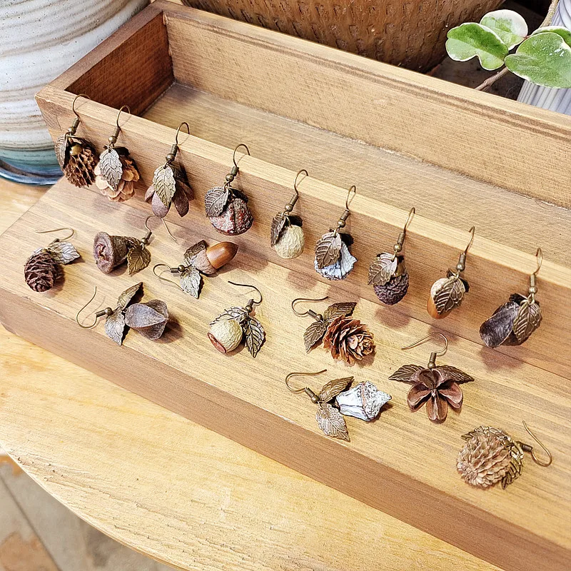New Fashion European and American Retro Forest Pinecone Drop Earrings Creative Long Wooden Natural Dried Fruit Tassel Earrings