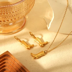 Stylish 18K Gold Plated Stainless Steel Cowboy Boots Pendants Earring Necklace for Women Waterproof Jewelry Gift