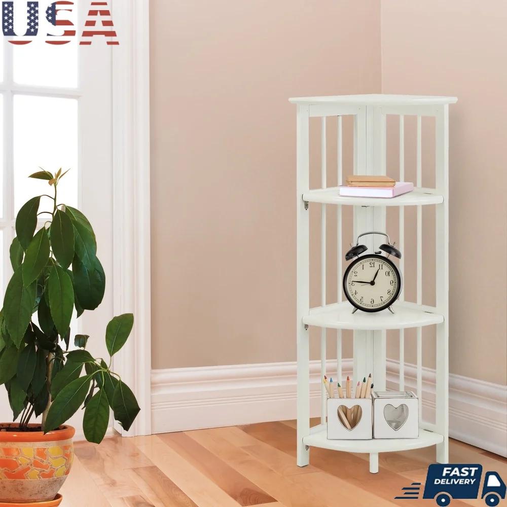 

Corner Folding Bookcase 4-Shelf Wooden Storage Unit Compact Display Rack Home Office Kids Room Durable Design