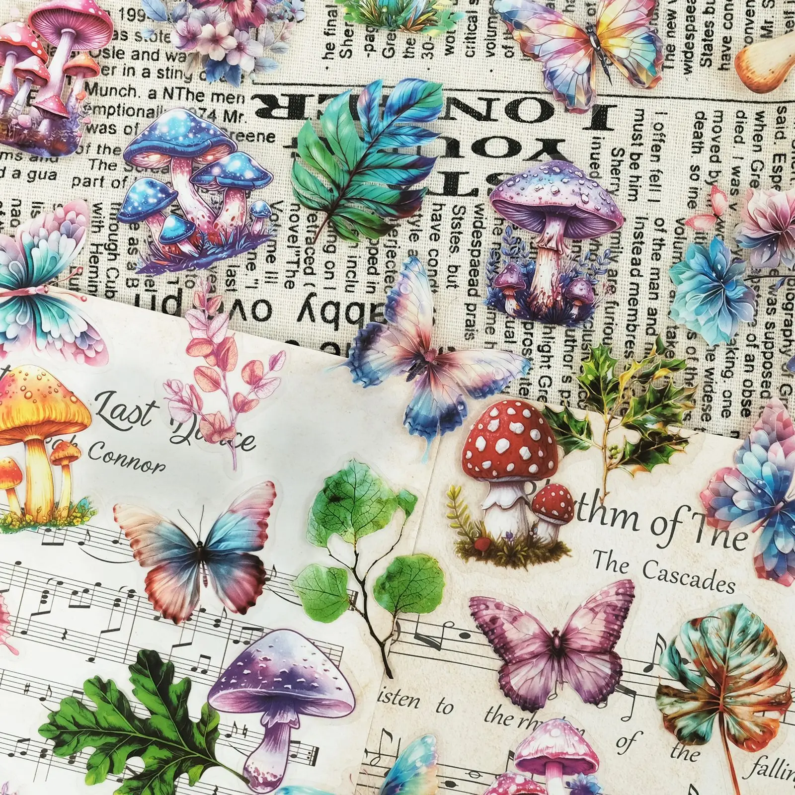 

50pcs PET Stickers - Mushroom & Leaf Transparent Decals for Scrapbooking, Plant-Themed Journaling & DIY Crafts
