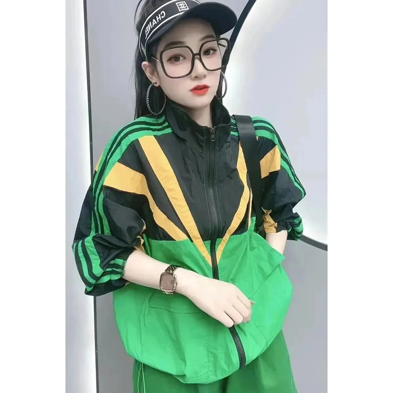 

Womens Thin Coat Patchwork Color Loose Zippered Tracksuit Windbreaker Coats Hip Hop Female Sun Protection Outwear