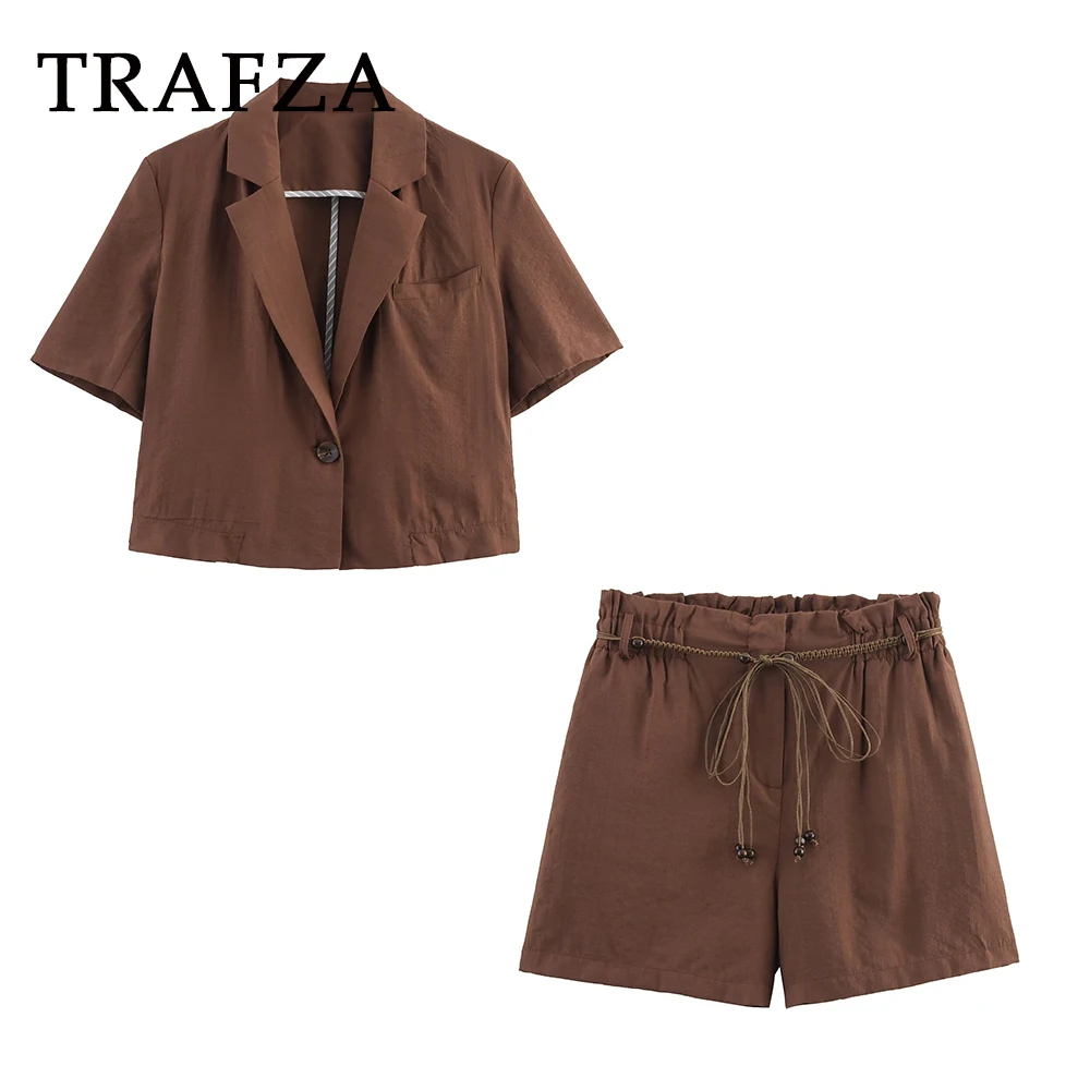 

TRAFZA Chic Solid Office Lady Women 2025 Suits Button Short Blazer+Drawstring Pockets Mini Shorts Fashion 2025 Summer Mujer Sets
