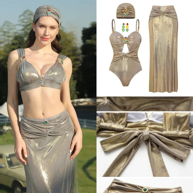 

Bikini Color Diamond V-neck Bright Face Skirt Set 2025 European America Fold High Waist Split Swimsuit Party Set Swimsuit New