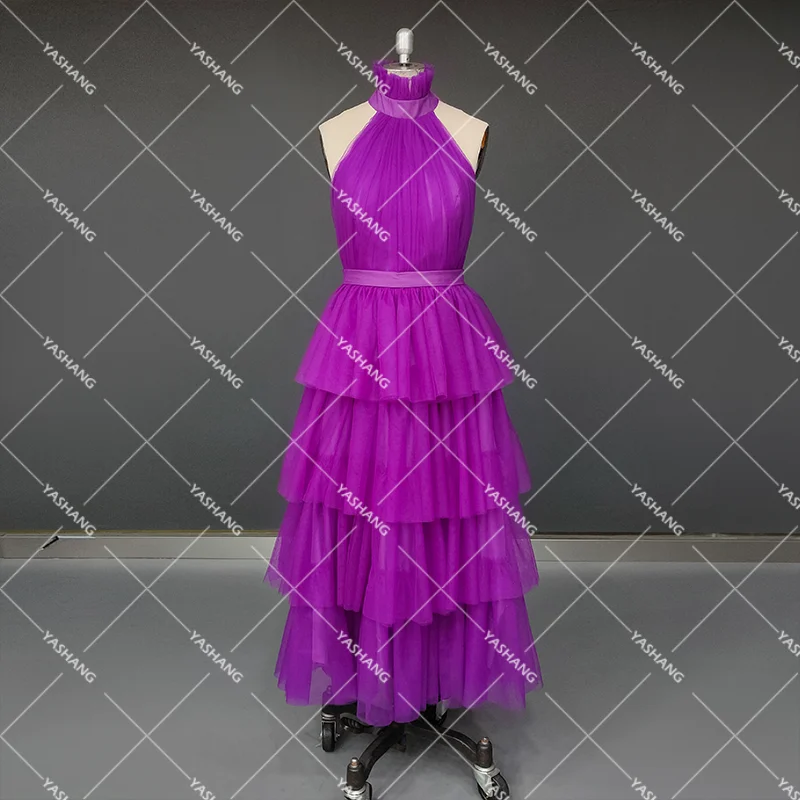 Robe de Soirée Formelle en Tulle à Plusieurs Niveaux, Col Haut, Sur Mesure, Grande Taille, Longueur de Thé, Plissée, Dos aux, Mariage, Demoiselle d'Honneur